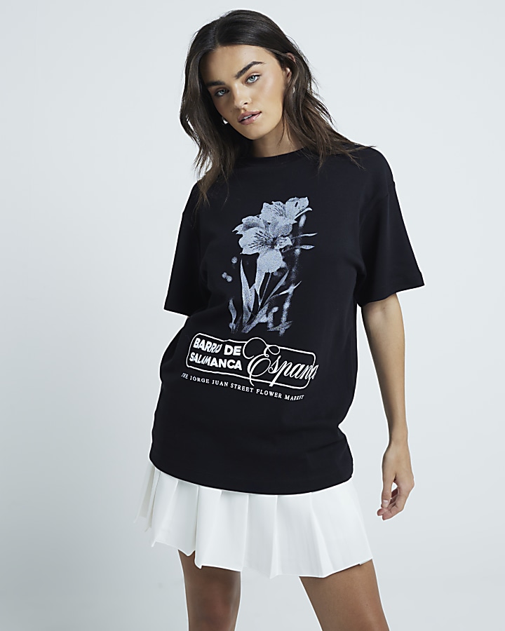 Black Floral Graphic Oversized T-Shirt | River Island