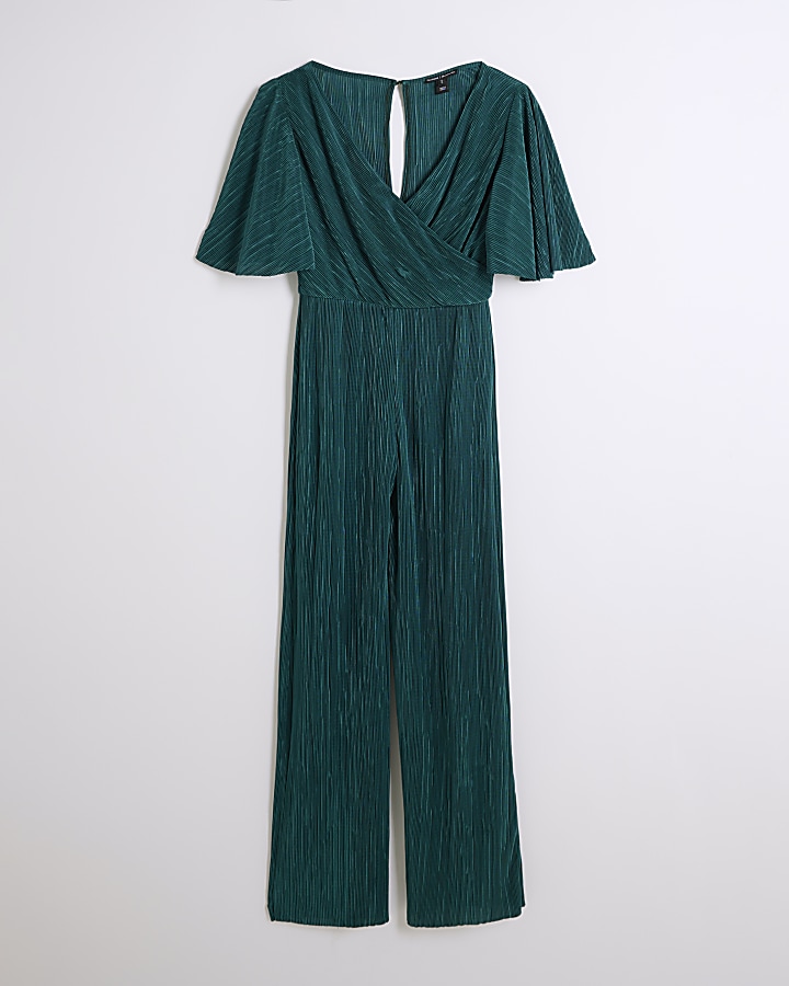 Green plisse flute sleeve jumpsuit River Island
