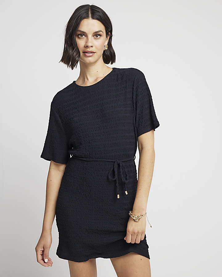 Black textured belted t-shirt mini dress | River Island