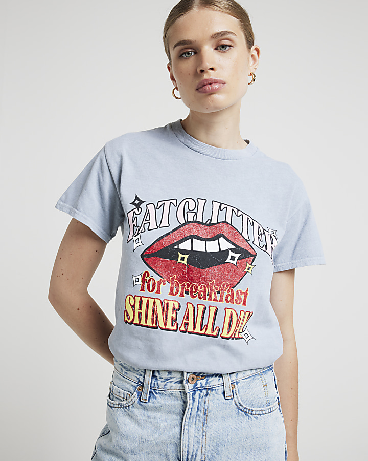 Blue embellished lips graphic t-shirt | River Island