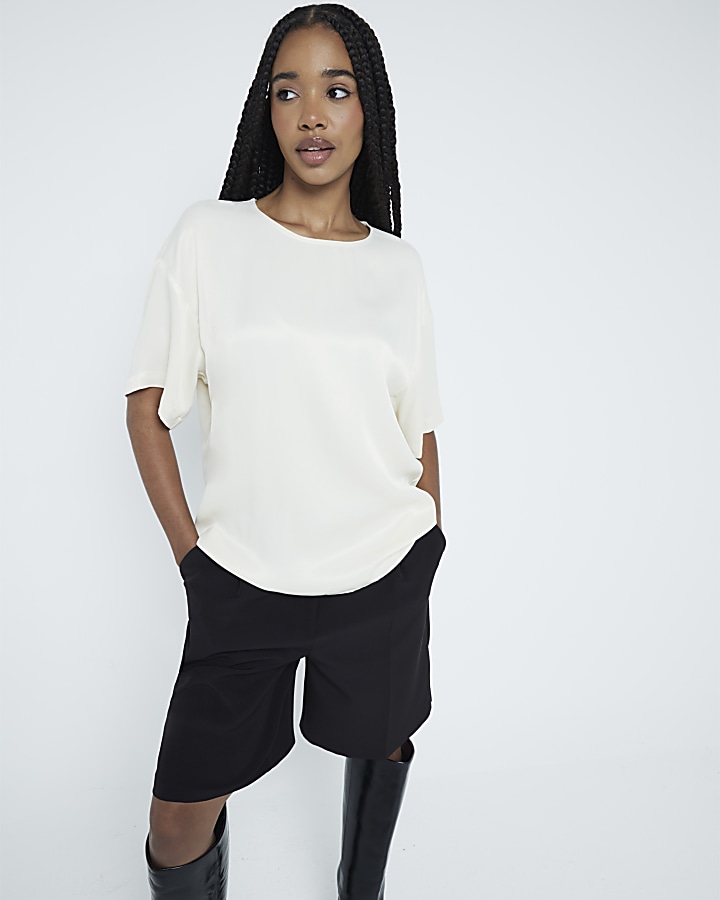 Cream Satin Oversized T-shirt | River Island