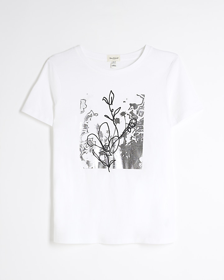 White floral foil detail t-shirt | River Island