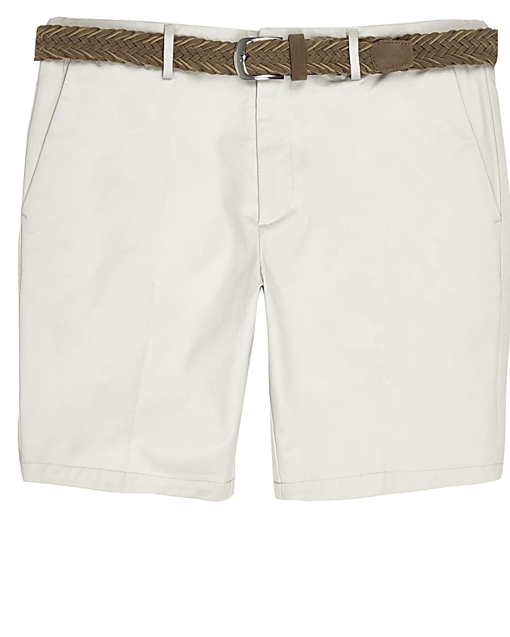 Cream belted slim fit chino shorts