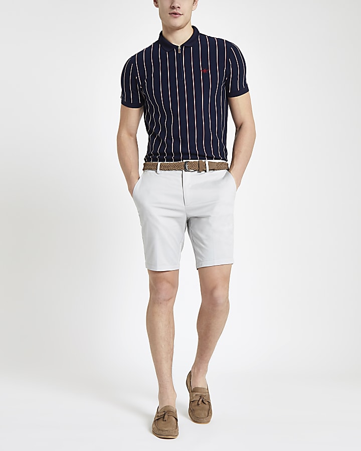 Cream belted slim fit chino shorts