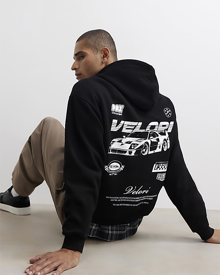 Black Oversized Fit Velori Car Zip Hoodie