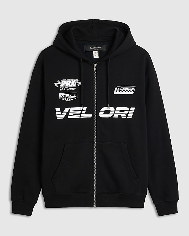 Black Oversized Fit Velori Car Zip Hoodie
