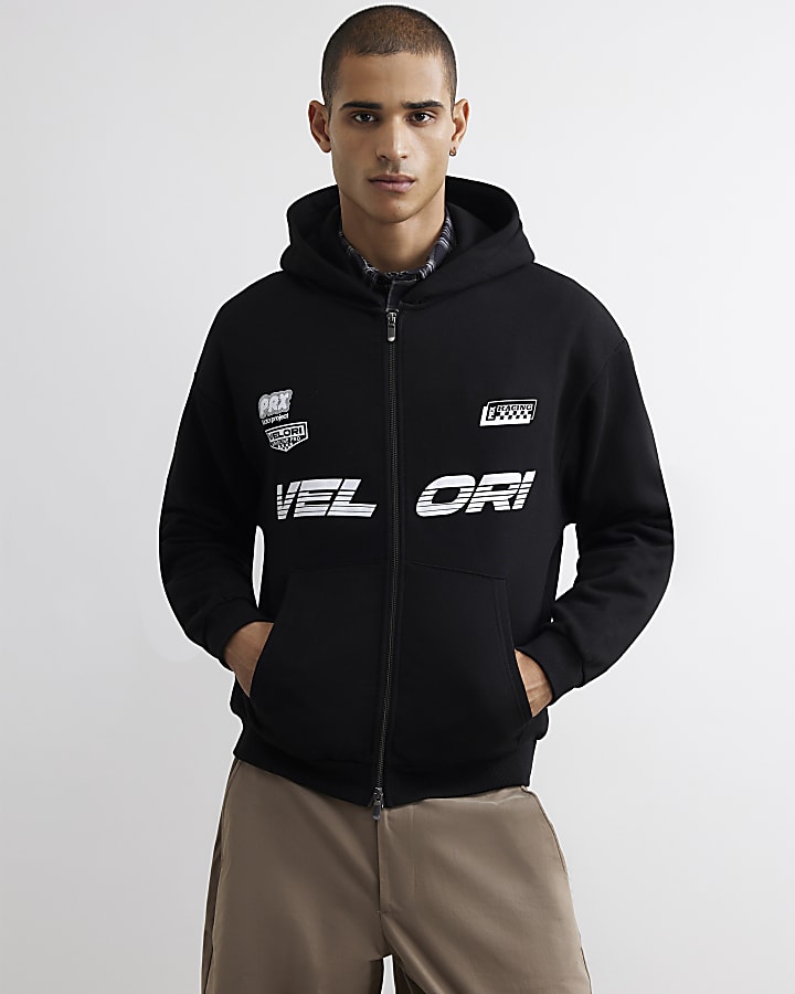Black Oversized Fit Velori Car Zip Hoodie