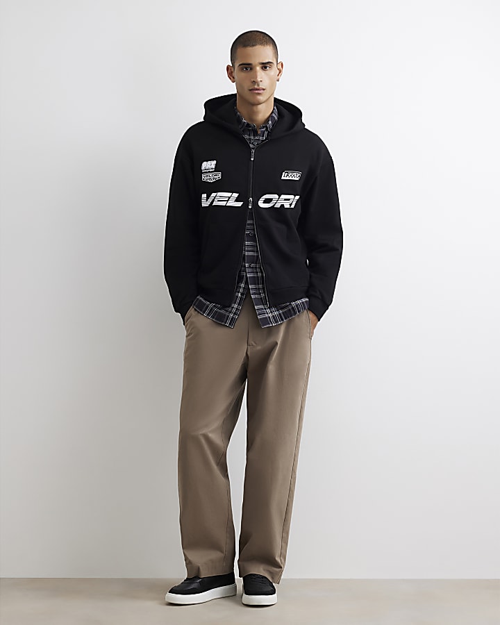 Black Oversized Fit Velori Car Zip Hoodie
