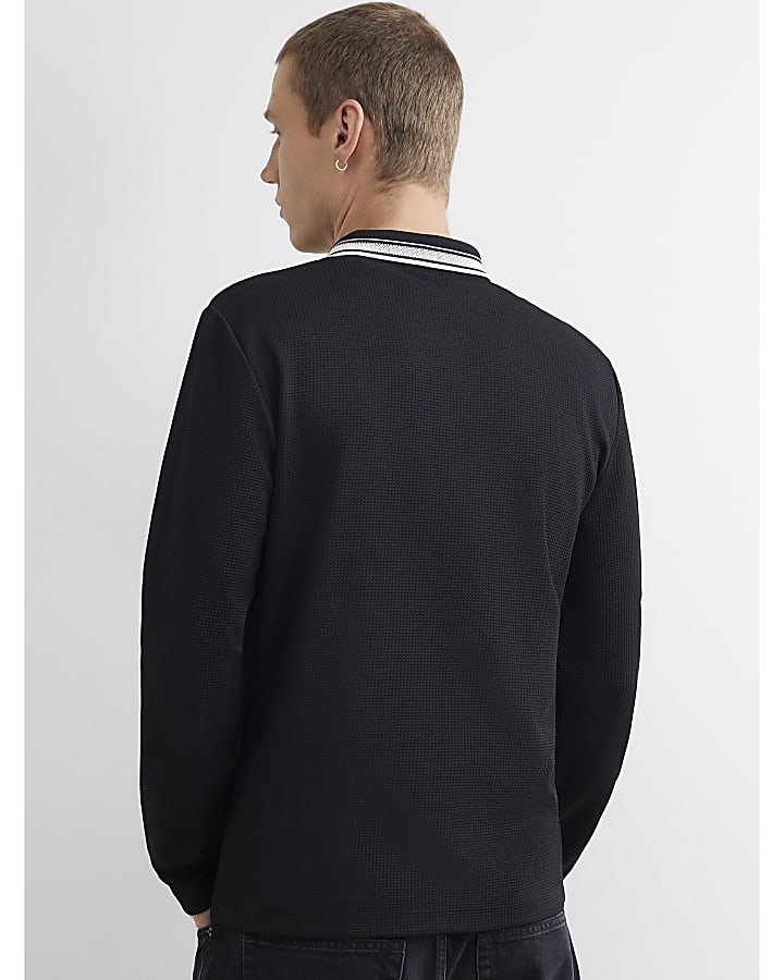 Black Slim Fit Zip Waffle Knit Polo Shirt