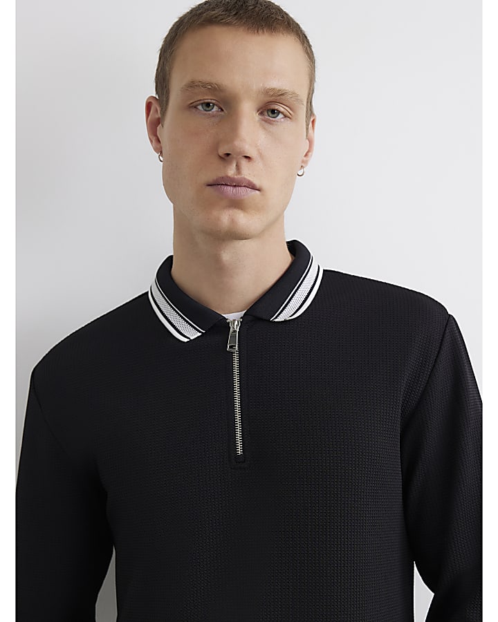 Black Slim Fit Zip Waffle Knit Polo Shirt