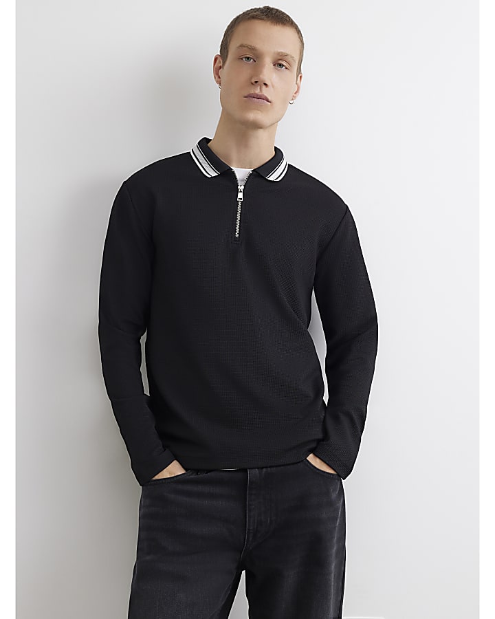 Black Slim Fit Zip Waffle Knit Polo Shirt