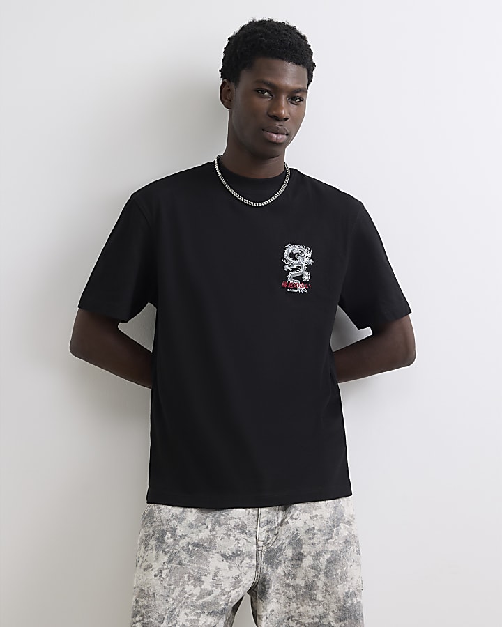 Black Cotton Japanese Dragon T-Shirt