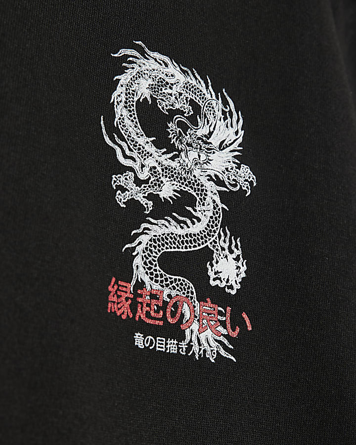 Black Cotton Japanese Dragon T-Shirt