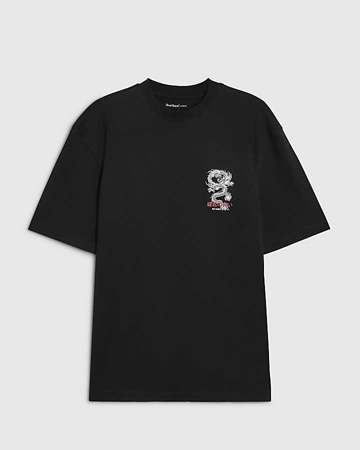 Black Cotton Japanese Dragon T-Shirt