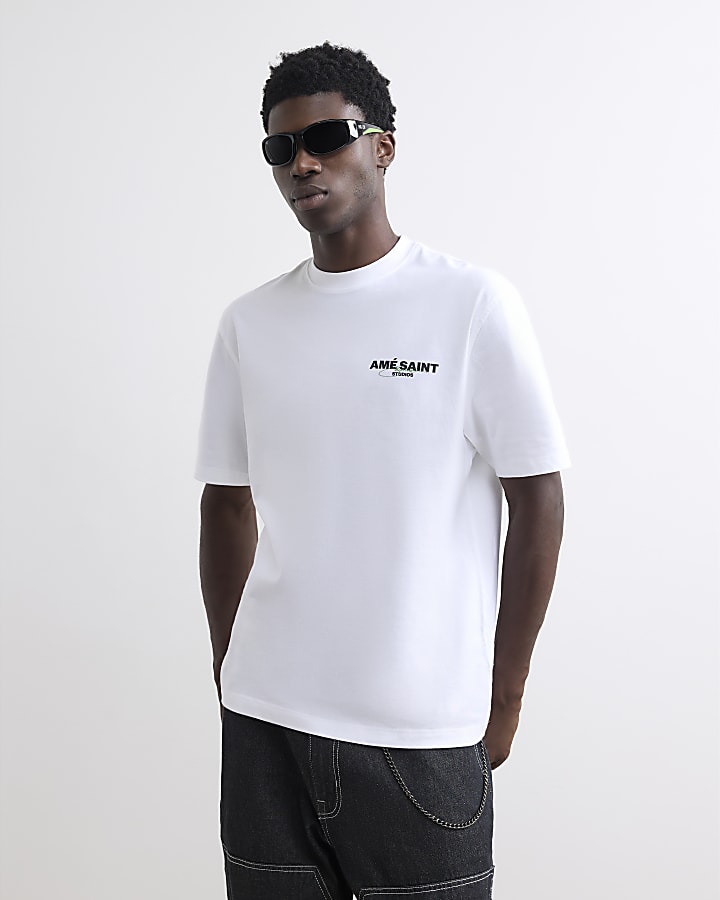 White Regular Fit Ame Saint Script T-Shirt