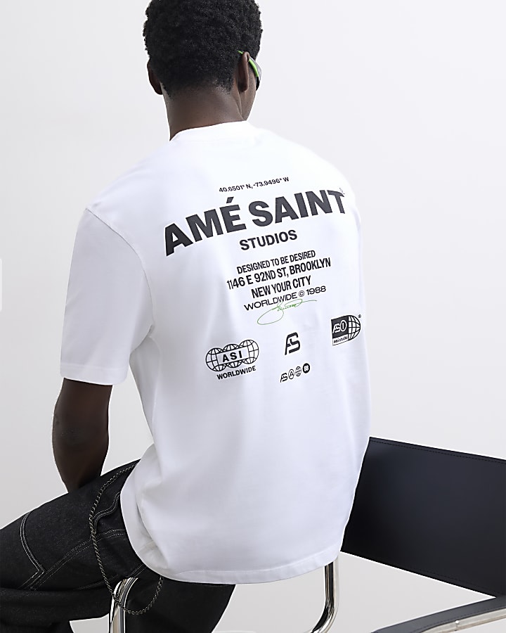 White Regular Fit Ame Saint Script T-Shirt