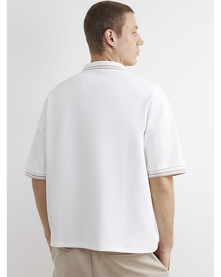 White Boxy Fit Zip Waffle Knit Polo Shirt
