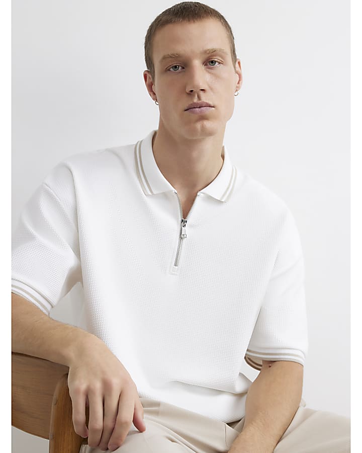 White Boxy Fit Zip Waffle Knit Polo Shirt