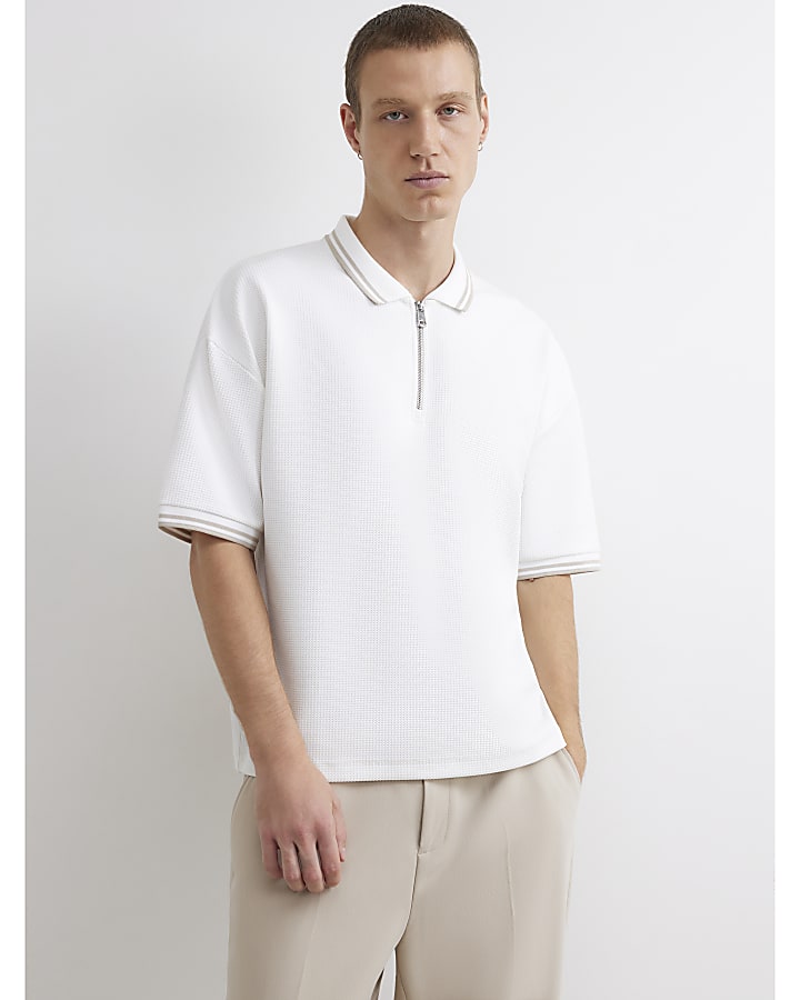 White Boxy Fit Zip Waffle Knit Polo Shirt
