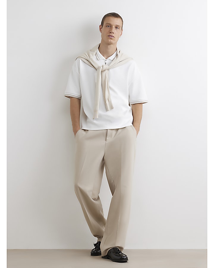 White Boxy Fit Zip Waffle Knit Polo Shirt