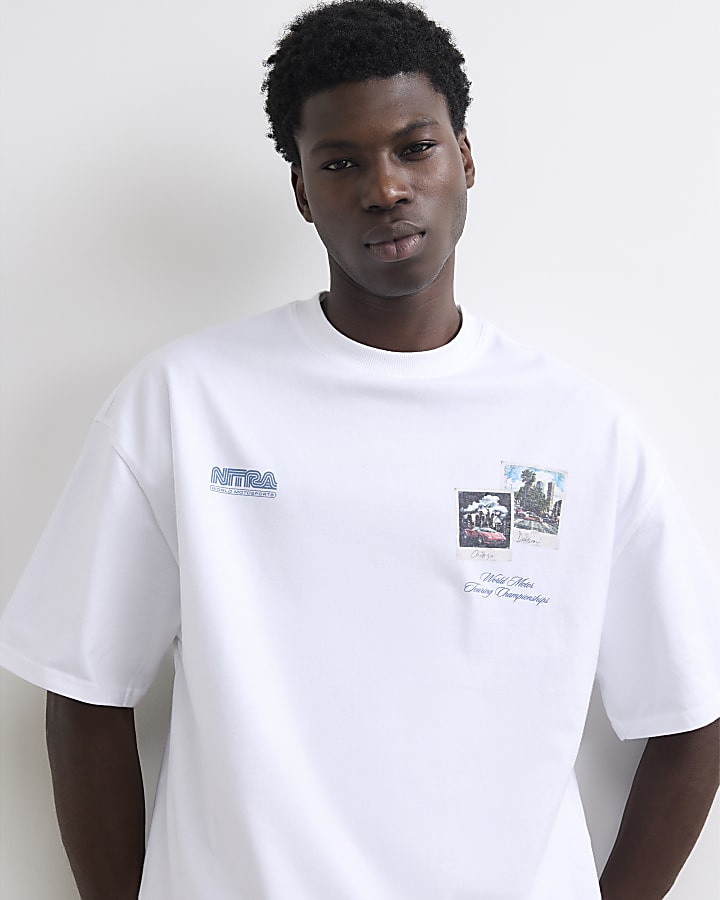 White Cotton Trio Photo Car Race T-Shirt