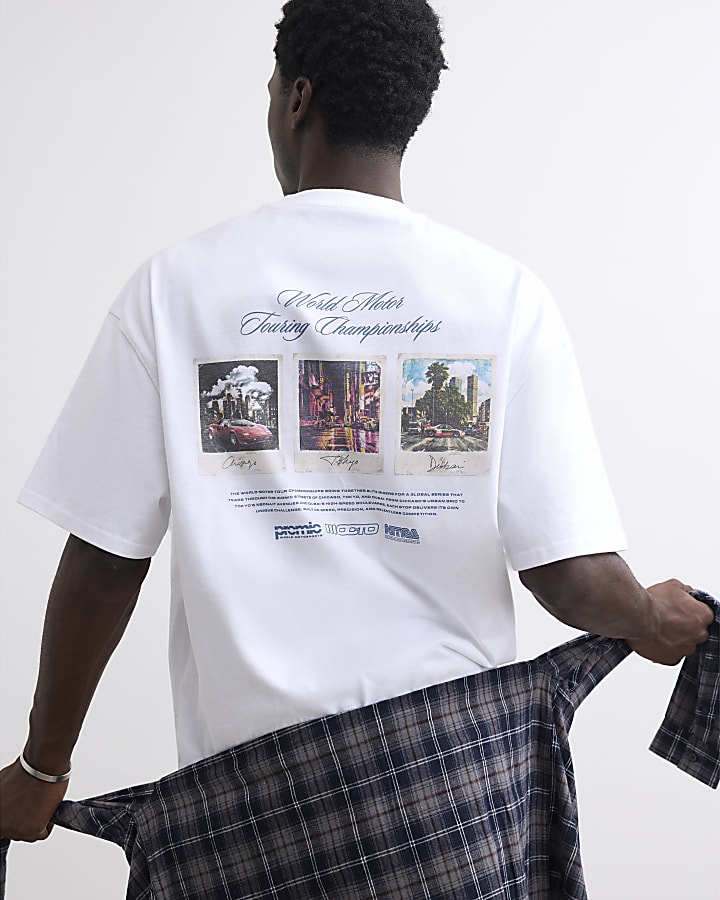 White Cotton Trio Photo Car Race T-Shirt