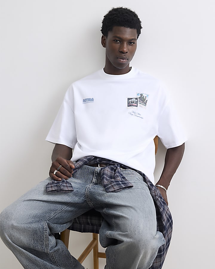 White Cotton Trio Photo Car Race T-Shirt