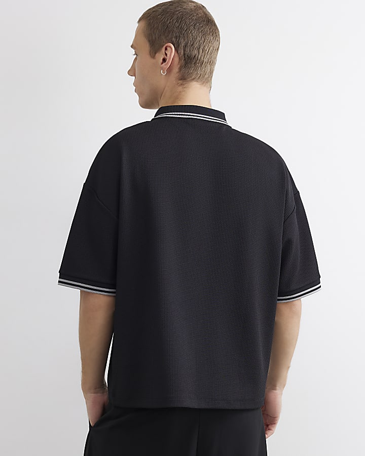 Black Boxy Fit Zip Waffle Knit Polo Shirt