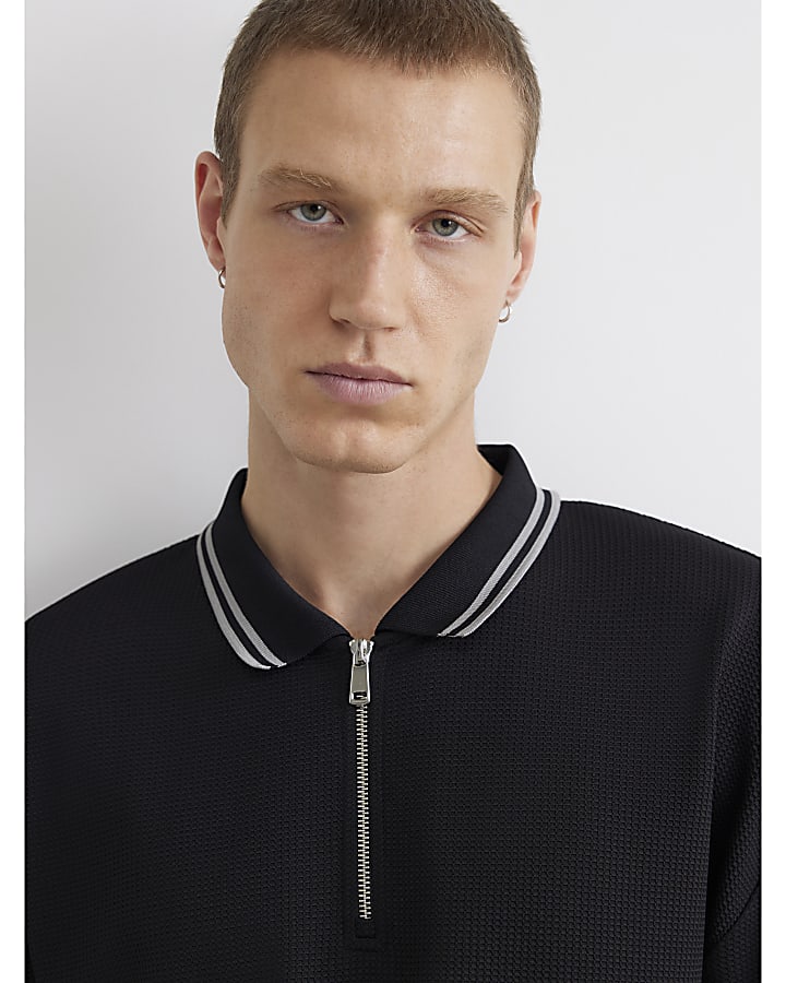 Black Boxy Fit Zip Waffle Knit Polo Shirt
