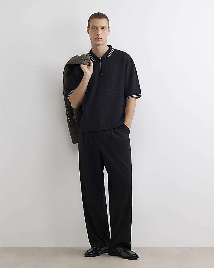 Black Boxy Fit Zip Waffle Knit Polo Shirt