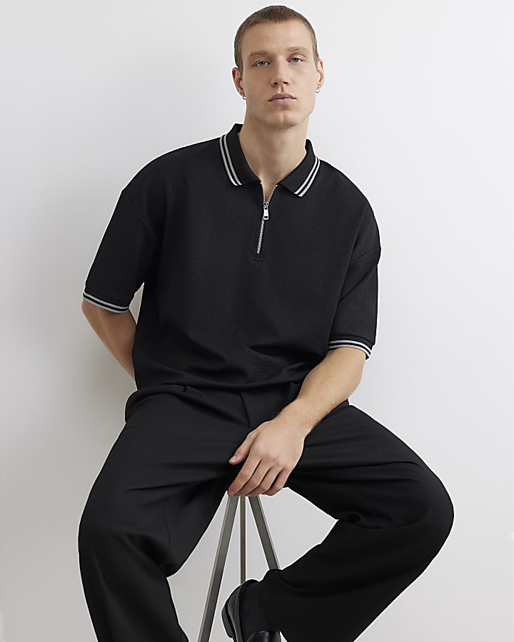 Black Boxy Fit Zip Waffle Knit Polo Shirt