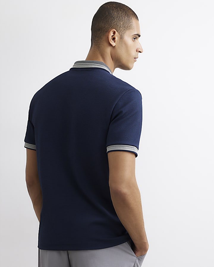 Navy Slim Fit Textured Polo Shirt