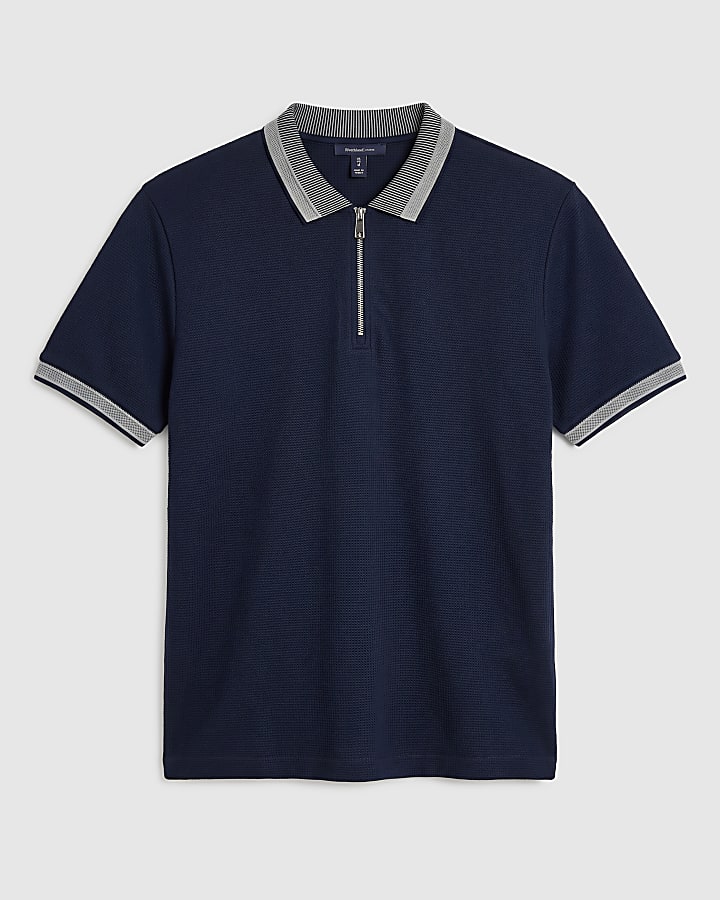 Navy Slim Fit Textured Polo Shirt