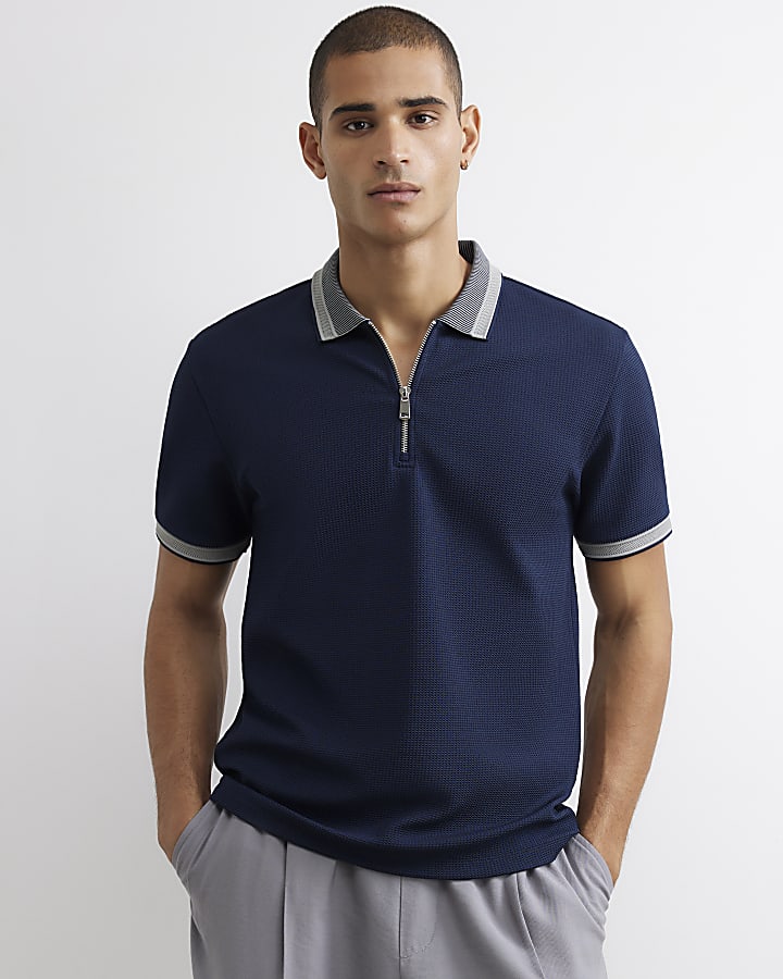 Navy Slim Fit Textured Polo Shirt