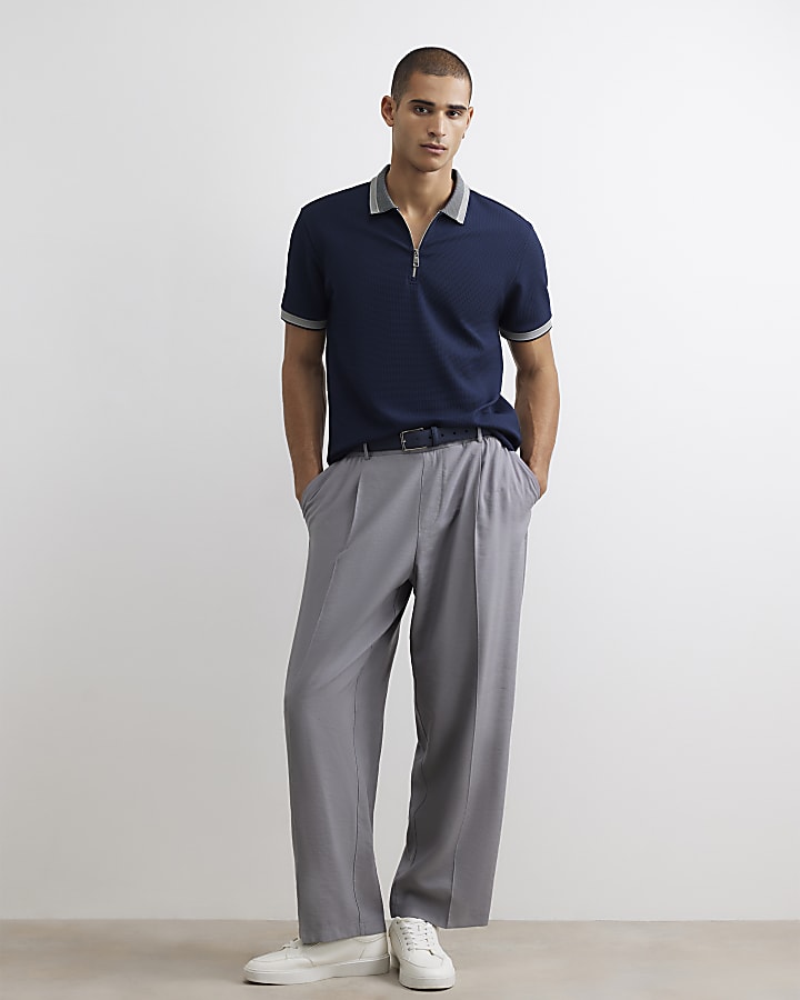 Navy Slim Fit Textured Polo Shirt