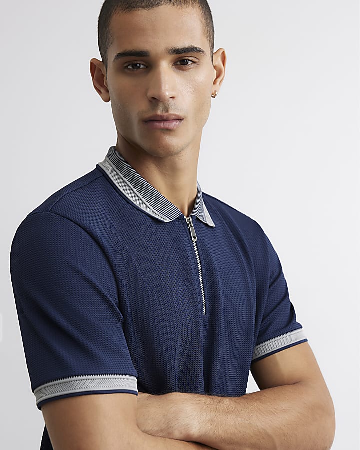 Navy Slim Fit Textured Polo Shirt