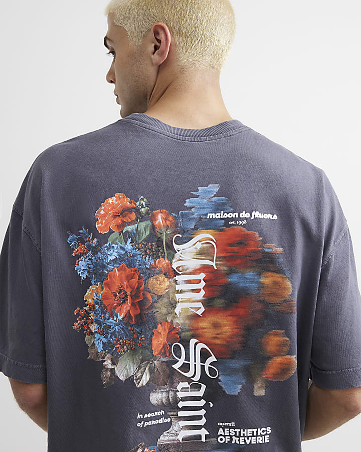 Grey Cotton Blur Floral Vase T-Shirt