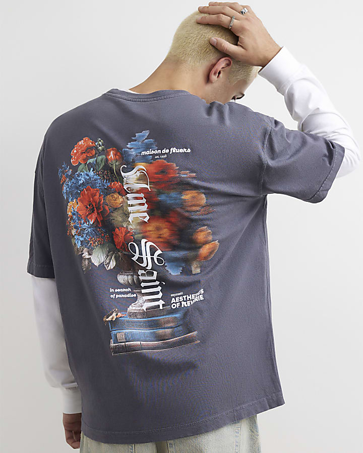 Grey Cotton Blur Floral Vase T-Shirt