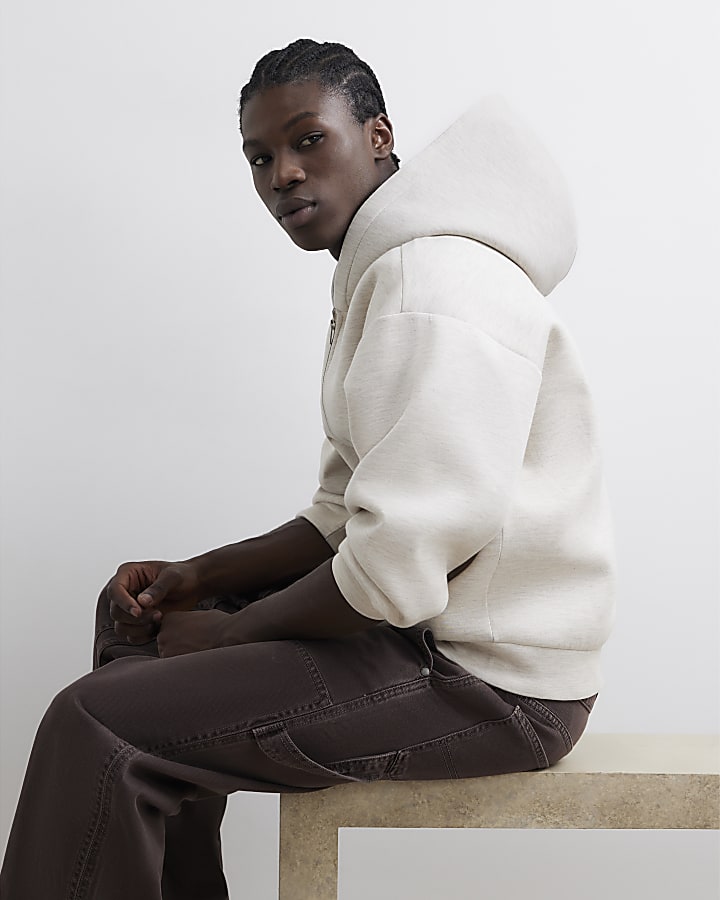 Cream Premium Cotton Zip Through Hoodie