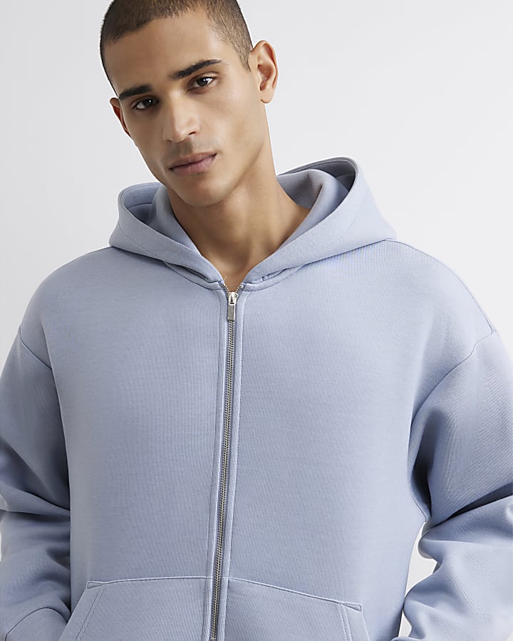 Blue Oversized Fit Zip Through Hoodie