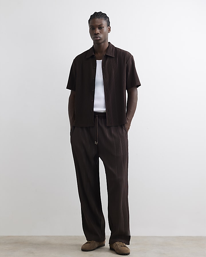 Brown Wide Leg Plisse Joggers
