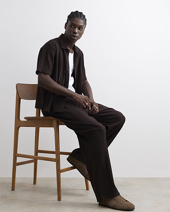 Brown Wide Leg Plisse Joggers