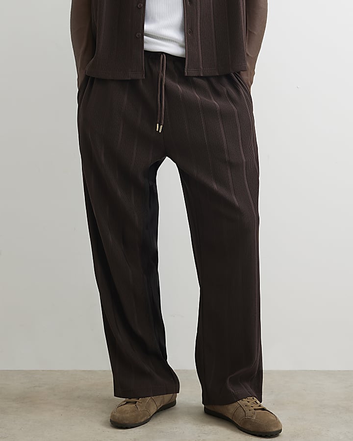 Brown Wide Leg Plisse Joggers