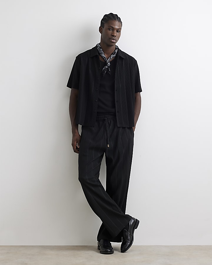 Black Wide Leg Plisse Joggers