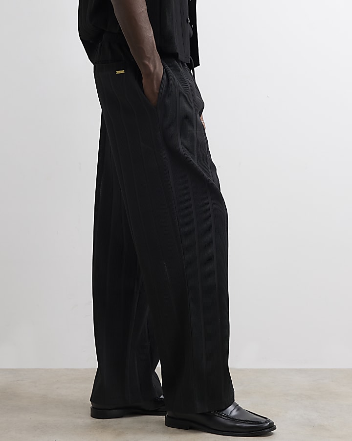 Black Wide Leg Plisse Joggers