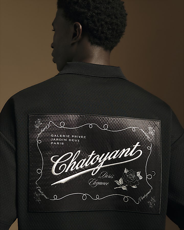 Black Oversized Satin Patch Polo Shirt