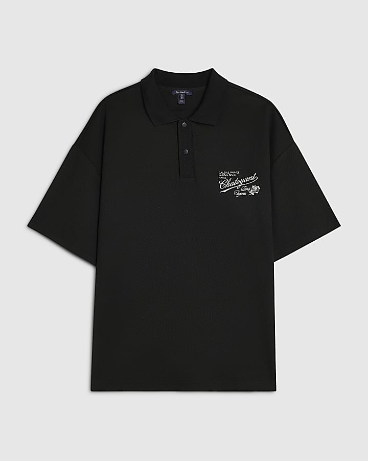 Black Oversized Satin Patch Polo Shirt