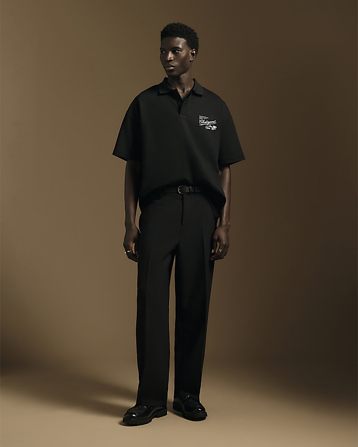 Black Oversized Satin Patch Polo Shirt