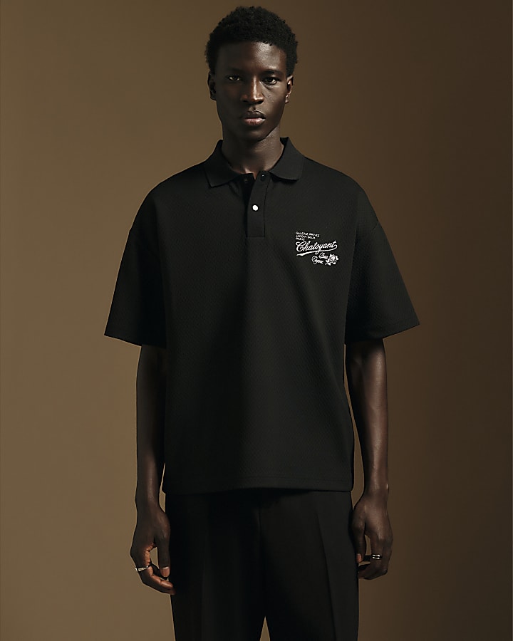 Black Oversized Satin Patch Polo Shirt