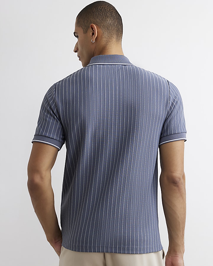 Blue Slim Fit Stripe Crest Polo Shirt